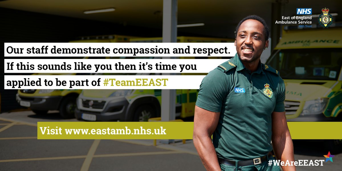 Wanting a change?

Join us at #TeamEEAST!

Visit eastamb.nhs.uk/join-the-team/… to see our latest vacancies.

#WeAreEEAST #TeamEEAST