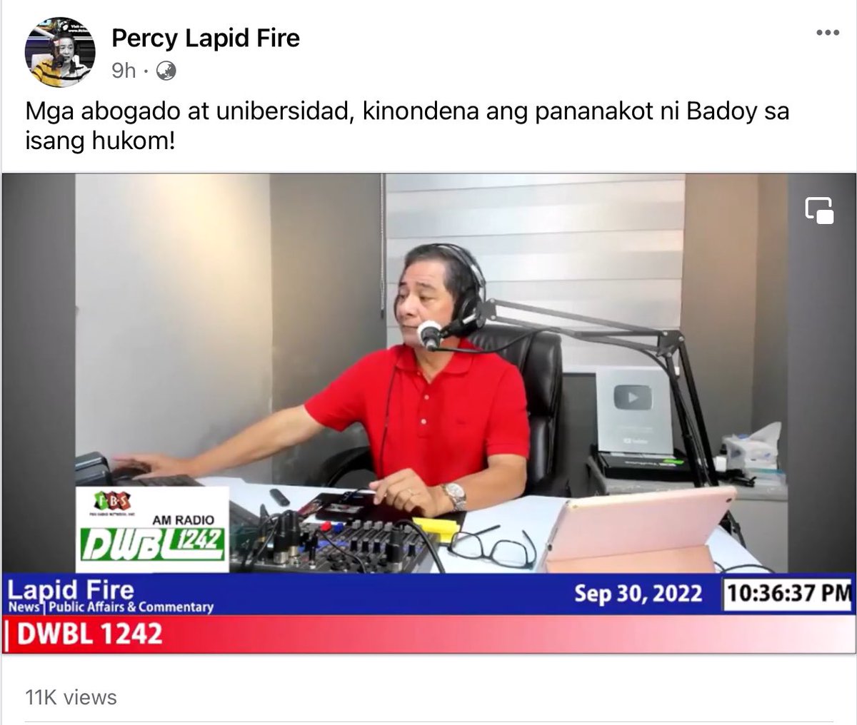 eicvsfascism's tweet photo. One of Percy Lapid’s last videos was about the condemnation of lawyers and universities of Lorraine Badoy’s red-tagging of Judge Malagar. Nine hours after, he was brutally murdered in Las Piñas. Very chilling.
#StopTheKillingsPH https://t.co/nEHcjzbxvE