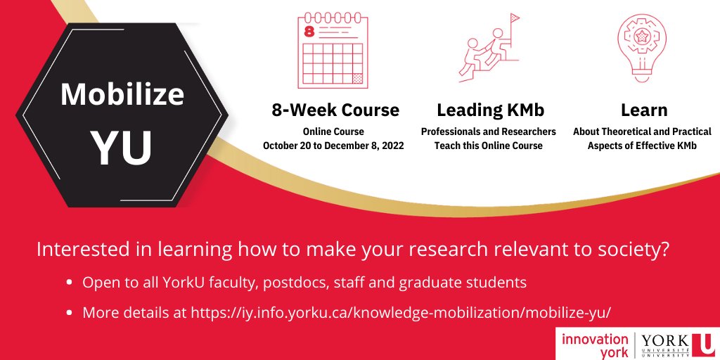 KMbYork's tweet photo. Interested in learning more about Knowledge Mobilization? Apply for our 8 week online #MobilizeYU course starting October 20. Free for all #YorkU faculty, postdocs, grad students and staff. Learn more at https://t.co/eqqQtmwlC3 https://t.co/tFj5QFcwfj