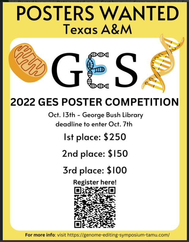 GE_TAMU's tweet photo. To all TAMU Undergrad and Grad students, come present your research at 2022 GES!!
Register at: https://t.co/Fx4ZPgsUbm https://t.co/mcWflpkTGm