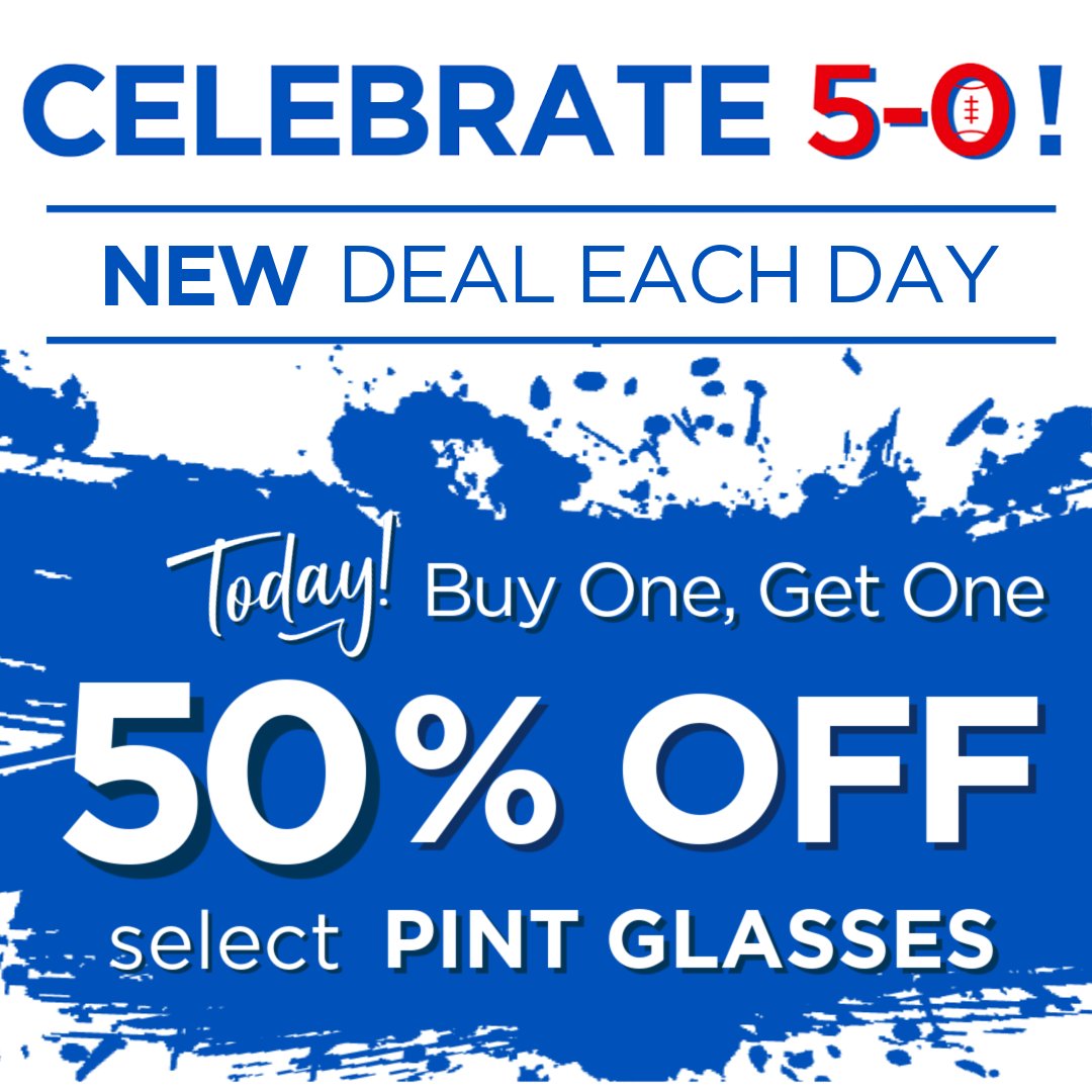 Celebrate with 5-0! This week BOGO 50% select items all week long! Make sure you check back DAILY! Starting off the week with PINT GLASSES