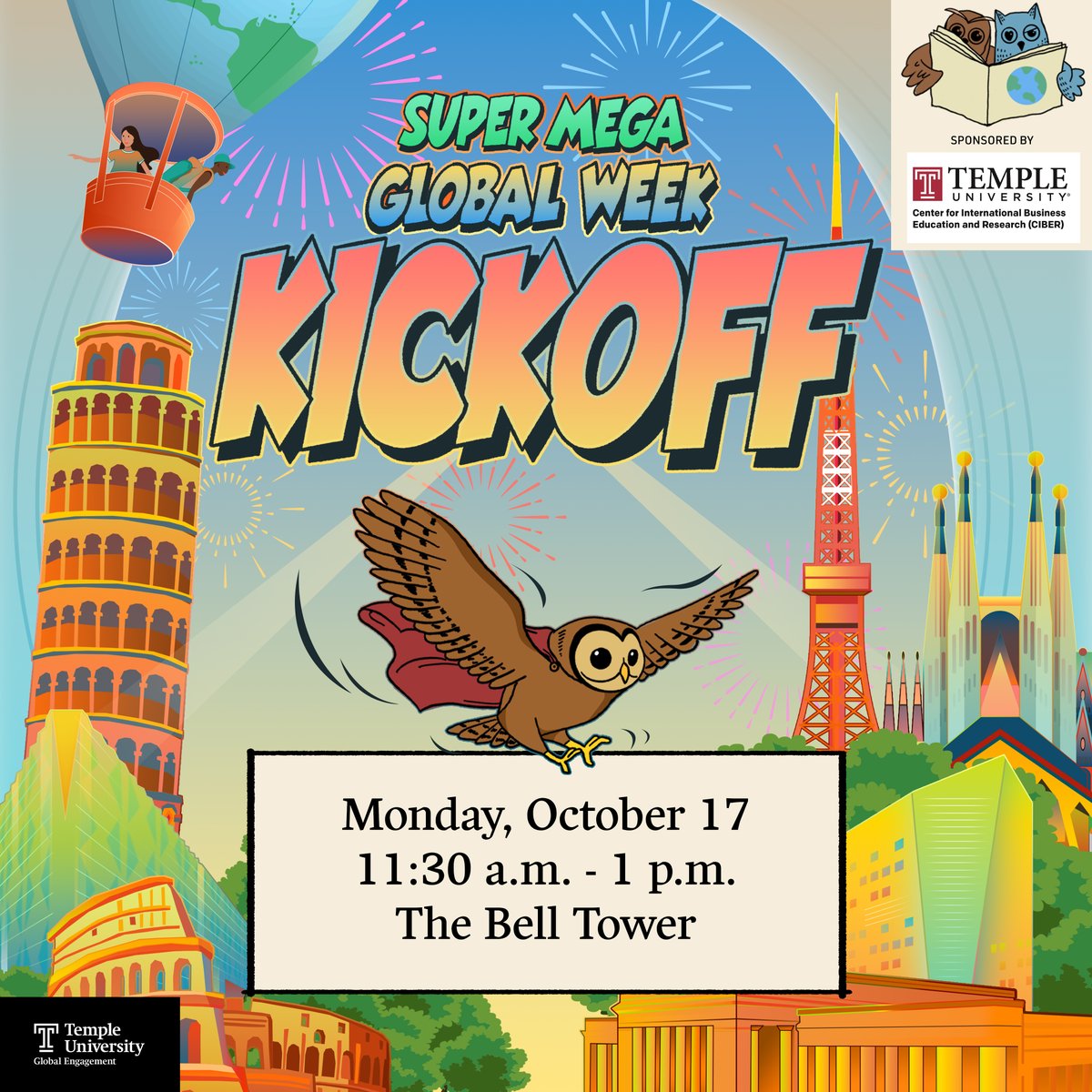 Join us in two weeks to kick off SUPER MEGA GLOBAL WEEK at the Bell Tower! 

Learn about the week’s events, win trivia prizes, learn about study abroad &amp; enjoy yummy treats!

No registration required, but head to the link in our bio to RSVP to the rest of the week's events!