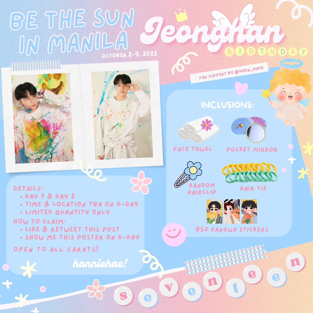 ✨BE THE SUN IN MANILA x 
JEONGHAN BIRTHDAY
FAN SUPPORT ✨

Details on the photo below.
Can't wait to meet you, Carats! See you this Saturday and Sunday🧡
CARATHAE~

95z art by <a href="/ghstbuys/">boo COMMS OPEN</a>🤍

#BETHESUNinMNL 
#BETHESUN
#SEVENTEEN 
<a href="/pledis_17/">세븐틴(SEVENTEEN)</a>