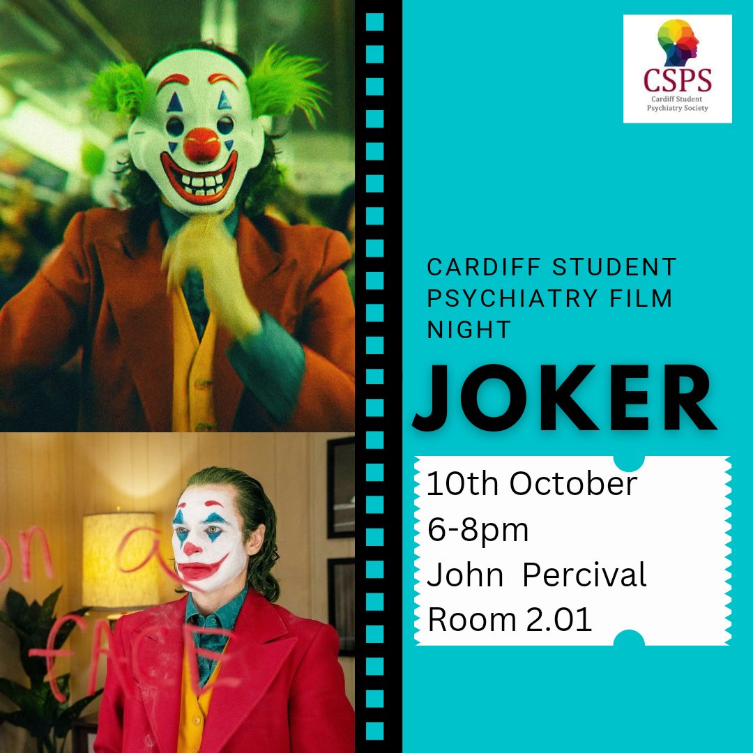CSPsychSoc's tweet photo. Our first film night of the year is next week!! 🍿🎟

Come and join us to watch Joker, with discussions about how themes of mental illness are portrayed in the film.

There will also be pizza!!

📅 6-8pm 10th October, John Percival Building Room 2.01 https://t.co/ceP5LGgedy