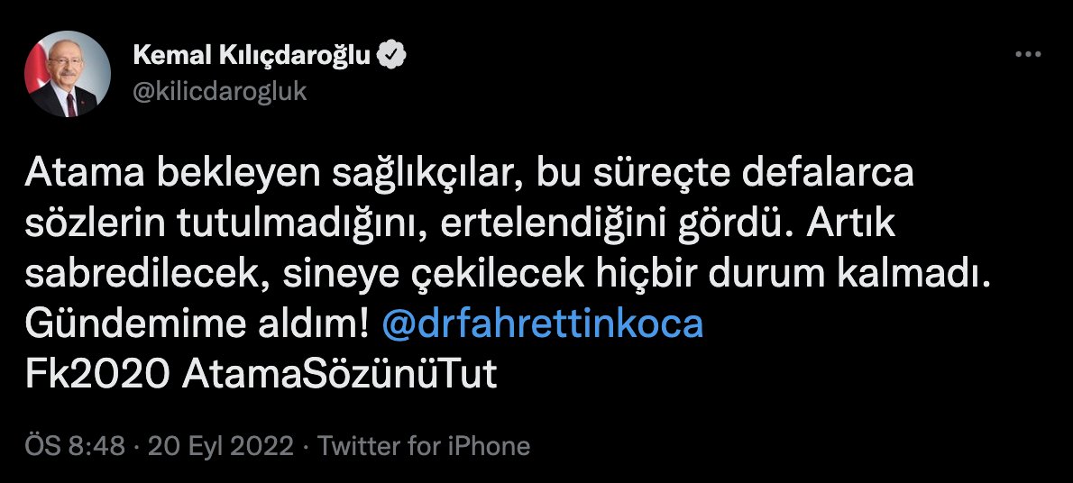 Sağlıkçılar, "Atama bekleyen sağlıkçıları gündemime aldım" diyen Kılıçdaroğlu’na seslendi: 13 gündür sessizlik içerisindesiniz, 10 günümüz kaldı. Sonrasında bahsetseniz bile bir anlam kazanmaz. Hâlâ #GündemdeMi