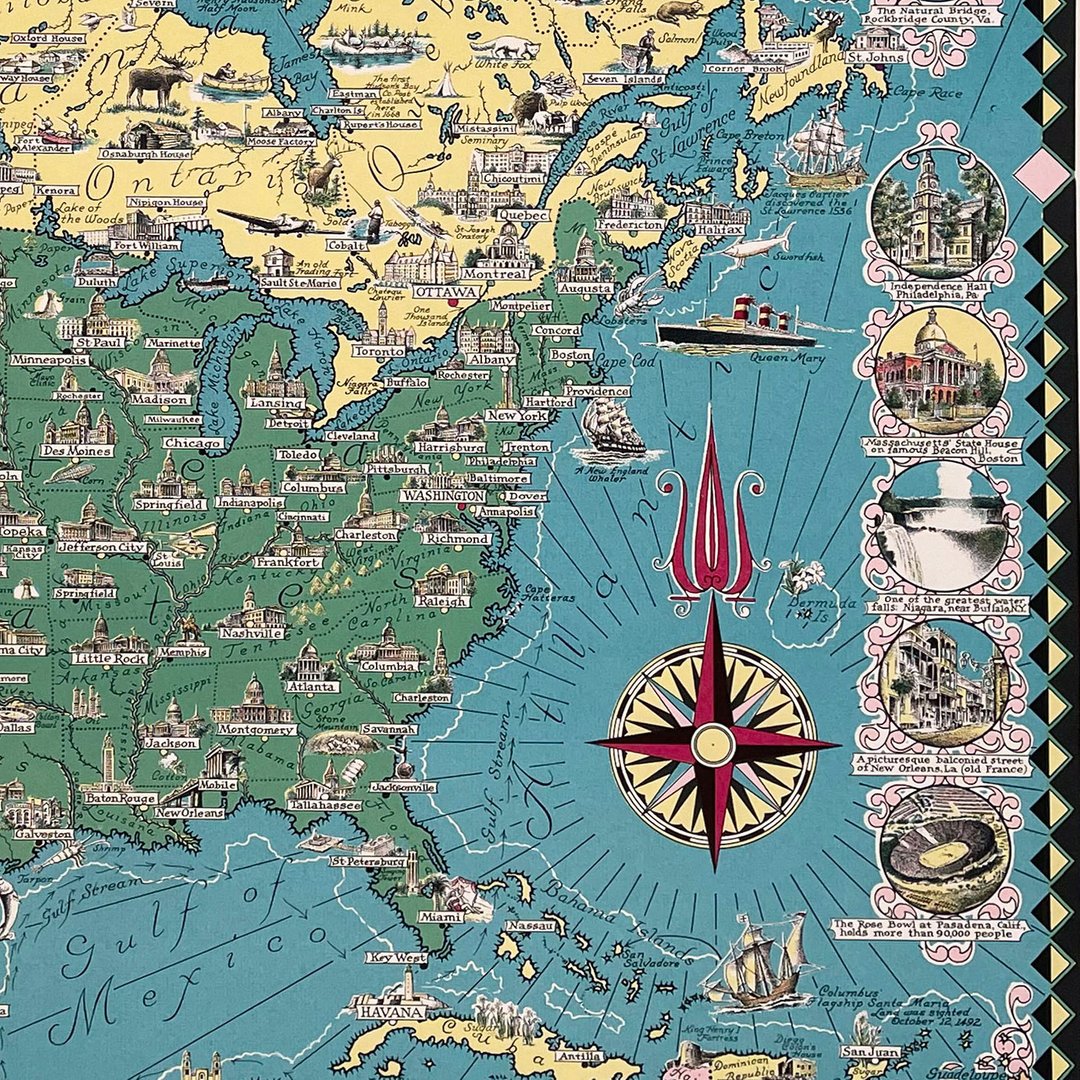 Oldimprints's tweet photo. A Pictorial Map of North America, 1945. A most attractively designed map by Ernest Dudley Chase. To left and right are vignette images of important buildings and scenic spots in Canada, the United States, Mexico, Guatemala, Honduras, Panama and Cuba. https://t.co/3DfyS0sL0u