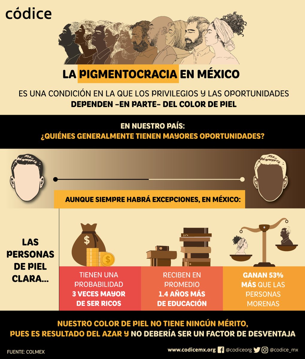 Los privilegios y las oportunidades no deberían depender del tono de piel. 🙍🏾‍♀️⚖🙋🏻

Si no elegimos nuestro tono de piel, ¿porqué tendría que determinar nuestras opciones de movilidad social?👁‍🗨

Infografía <a href="/codice_mx/">Códice</a>