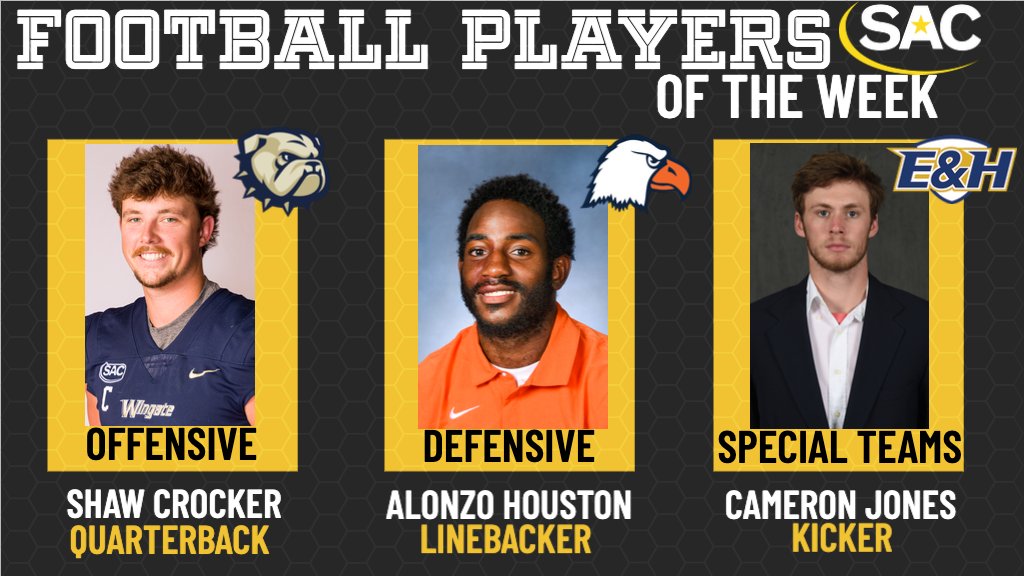 SAC_Athletics's tweet photo. Wingate's Crocker, Carson-Newman's Houston, and Emory &amp; Henry's Jones Named South Atlantic Conference Football Players of the Week #MakeSACYours #SACFB

Story: https://t.co/tKimL2BjxT https://t.co/vdjueQ6Yr4