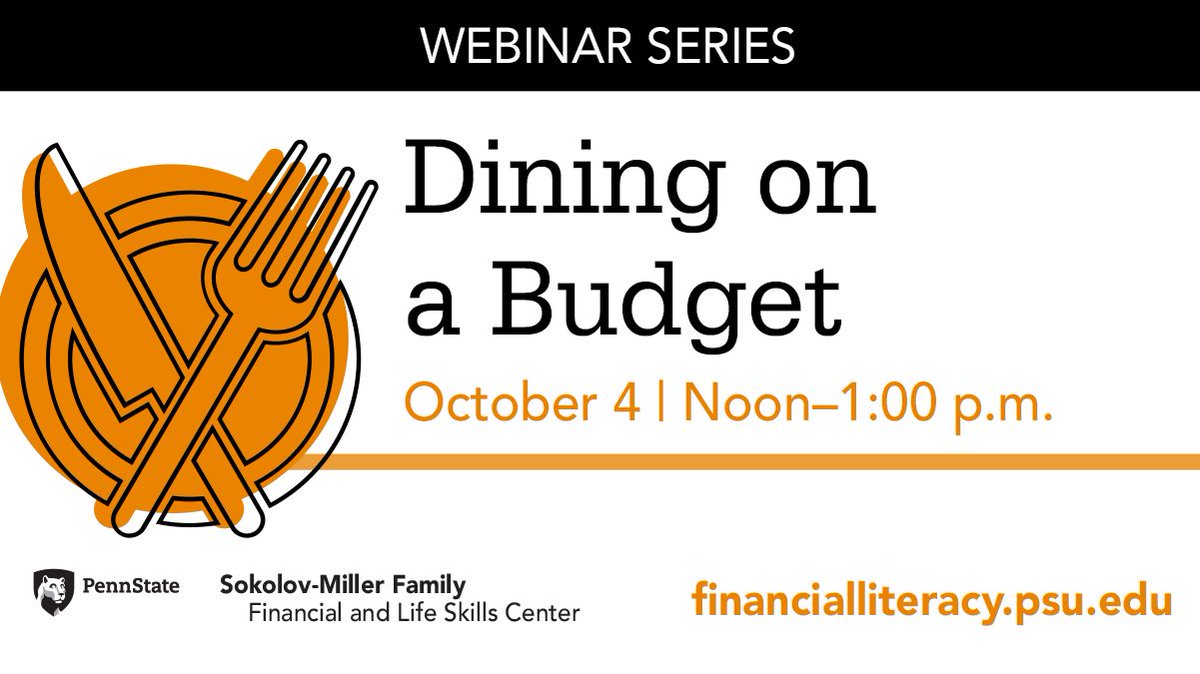 PSU Undergrad Ed (@psu_undergrad) on Twitter photo The Sokolov-Miller Family Financial and Life Skills Center is partnering with <a href="/PennStateDining/">Penn State Campus Dining</a> to present tomorrow's webinar at noon.
Join to learn more about dining on a budget at ow.ly/YwCN50KYxRj! #PennState #FinanciaLiteracy The Sokolov-Miller Family Financial and Life Skills Center is partnering with <a href="/PennStateDining/">Penn State Campus Dining</a> to present tomorrow's webinar at noon.
Join to learn more about dining on a budget at ow.ly/YwCN50KYxRj! #PennState #FinanciaLiteracy