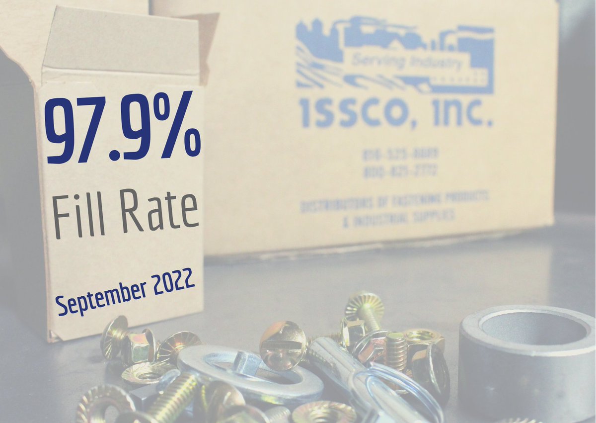 issco_inc's tweet photo. Happy October, #FastenerFriends! We closed out September with a #fillrate of 97.9%. #Fasteners #FastenerDistribution #Distributor #Distribution https://t.co/NpoMbjY6ML