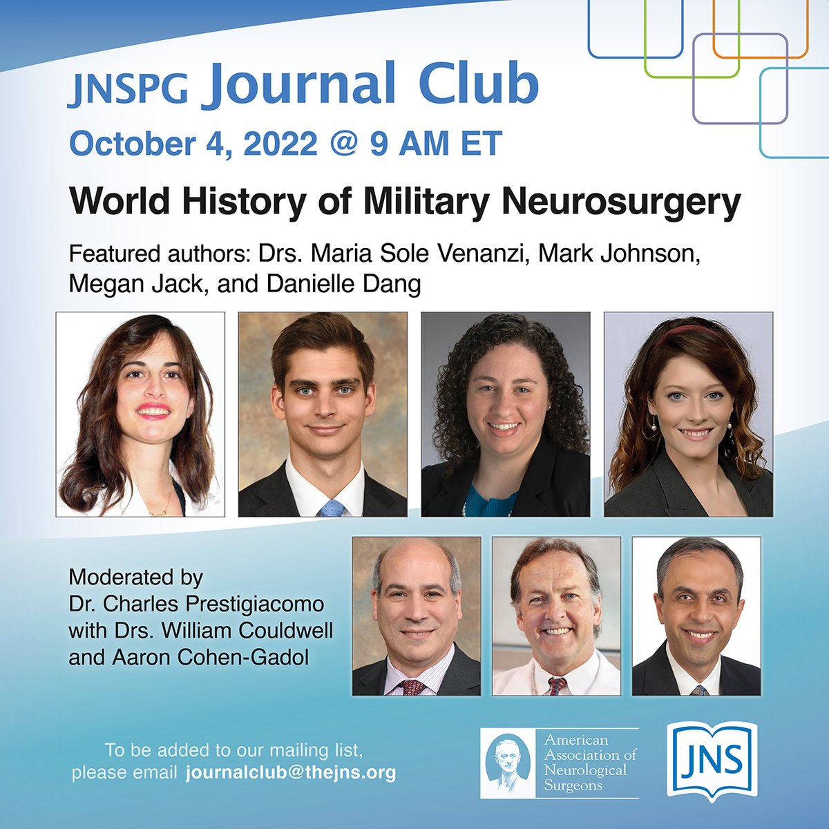 #JNSJournalClub OCTOBER 4, 9:00 - 10:00 a.m. ET (USA). World History of Military #Neurosurgery. 

Neurosurgical Atlas attendee link:
us02web.zoom.us/webinar/regist…