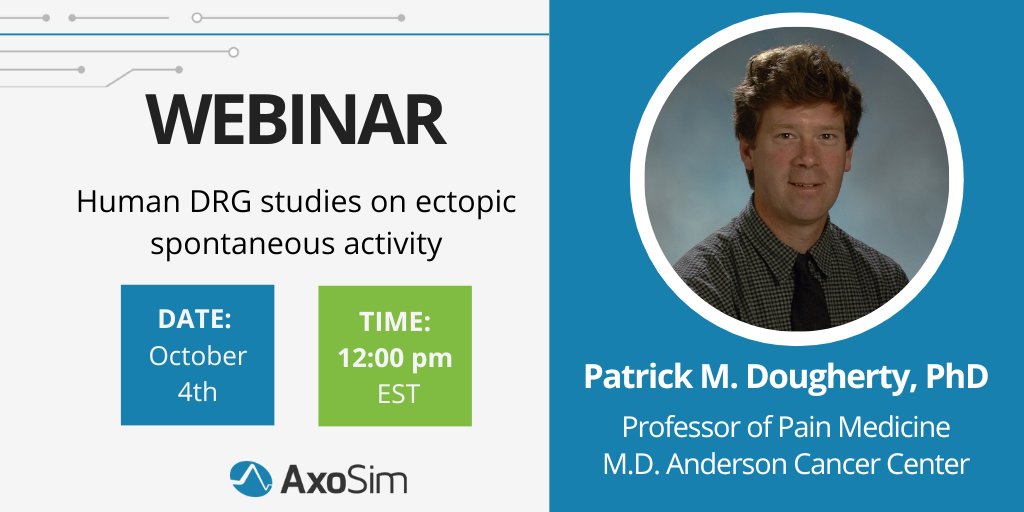 .<a href="/AxoSim/">AxoSim</a> is hosting a webinar with Patrick Dougherty, PhD, of <a href="/MDAndersonNews/">MD Anderson Cancer Center</a> tomorrow, 10/4, at 12 pm EST entitled: Human DRG studies on ectopic spontaneous activity. For over 22 years, Dr. Dougherty has focused his research in nerve injury and pain: bit.ly/3C2Lvow