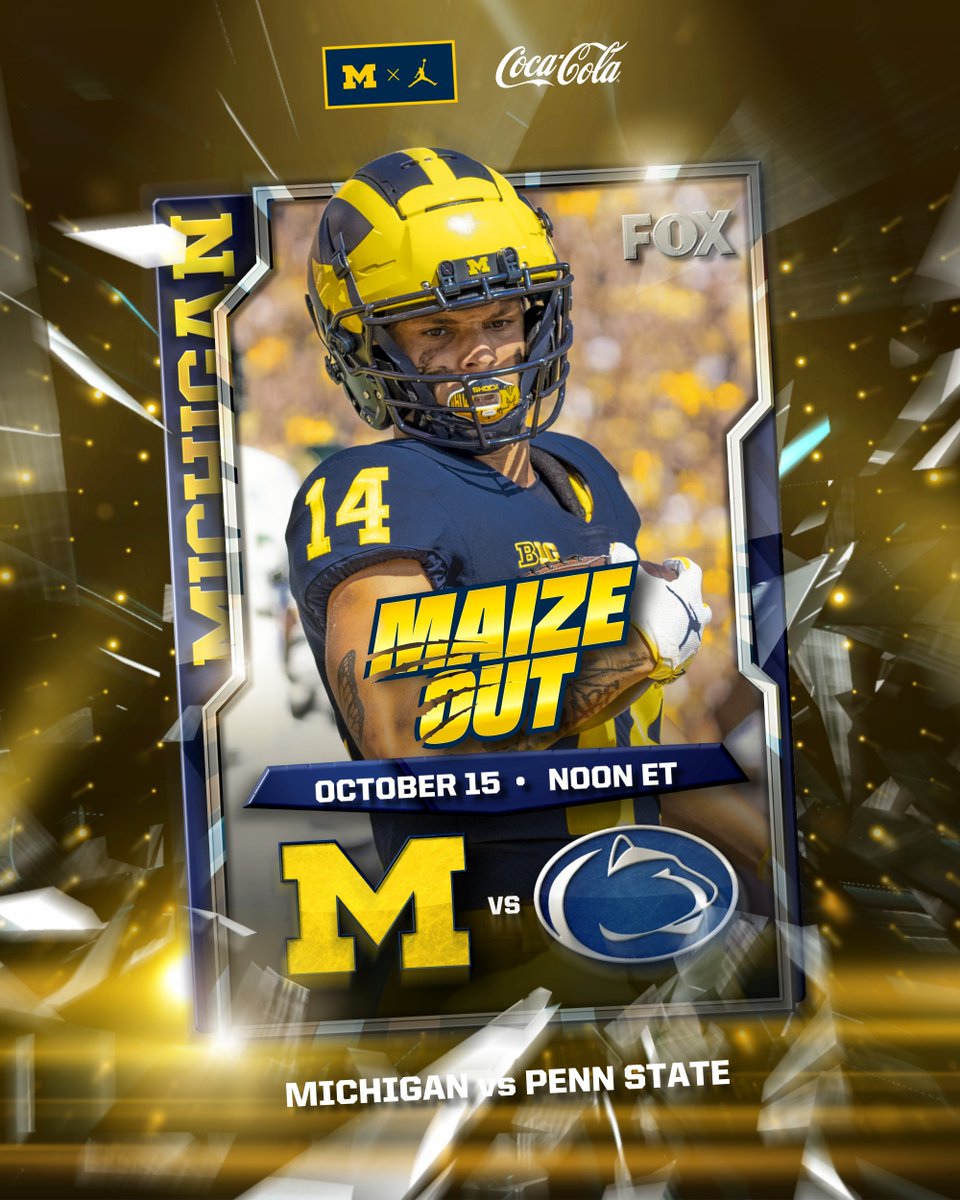 UMichFootball's tweet photo. 𝑇ℎ𝑒 𝑡𝑖𝑚𝑒 𝑖𝑠 𝑠𝑒𝑡

October 15 • Noon • Maize Out

#GoBlue https://t.co/nih0aOfLxV