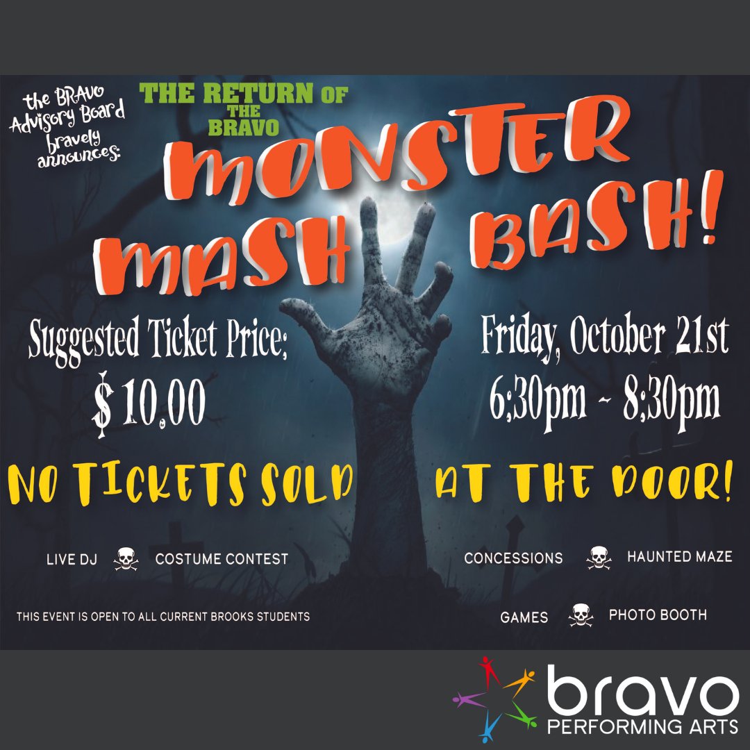 MONSTER MASH BASH: Friday, 10/21
6:30pm-8:30pm
TICKETS ON SALE NOW!!  Get them today as this WILL sell out:  bit.ly/monstermashbas…
Advance ticket sales only - NO TICKETS AVAILABLE at the door. 
#bravo2022 #bravoperformingarts #bebrooks97 #weareD97 #oakpark97 #myd97  <a href="/oakpark97/">Oak Park District 97</a>