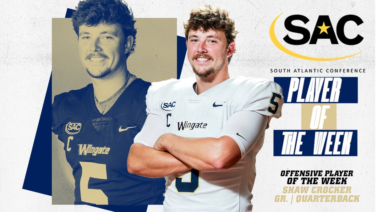 Congrats Shaw Crocker!!

The <a href="/WingateFb/">Wingate Bulldogs Football</a> QB is the SAC Offensive Player of the Week after going 21-for-27, throwing for 225 yards &amp; 2 TDs in the 31-7 win at Erskine!

3rd time he has won the award in his career!

Story | bit.ly/3dZPZCX

#OneDog