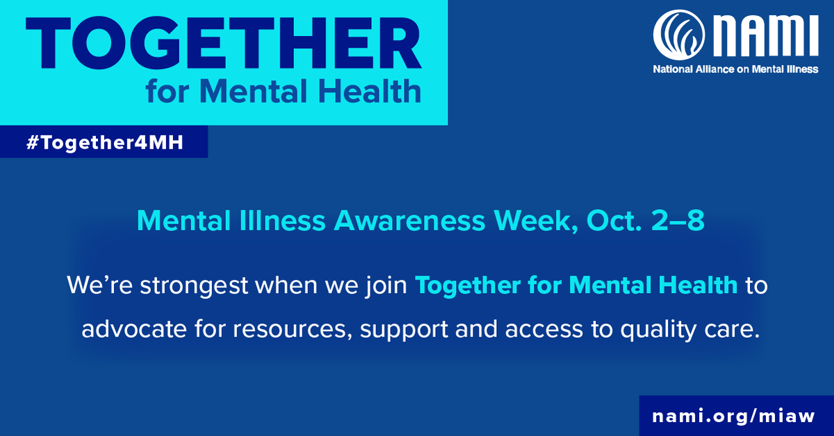 NCAA_SSI's tweet photo. Oct. 2-8 is Mental Illness Awareness Week. We’re strongest when we join Together for Mental Health to advocate for resources, support and access to quality care. For more info, visit https://t.co/WwDb6KPmjJ or https://t.co/aNnc2yPUIZ. #Together4MH https://t.co/3Jjgef3Uzz