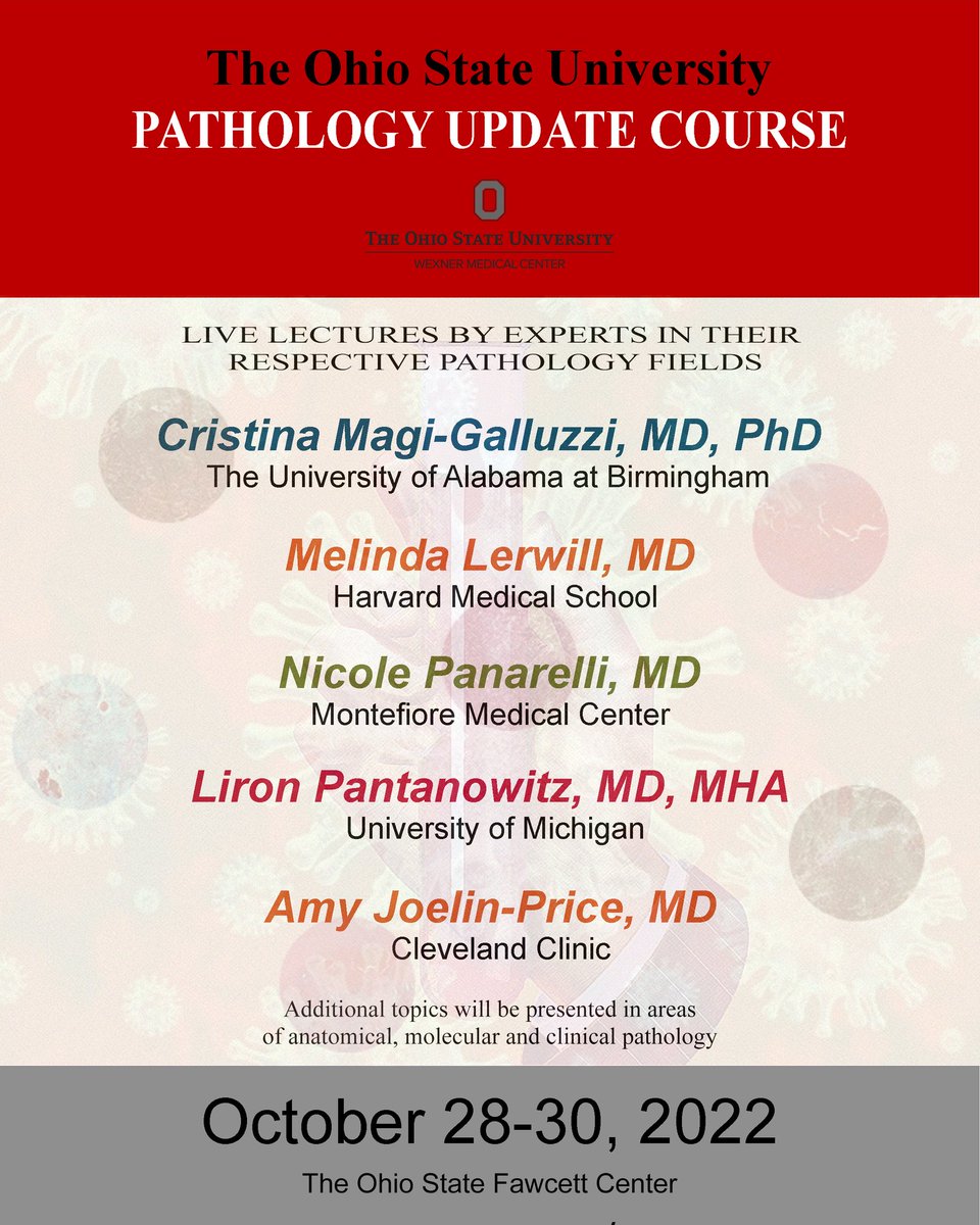 What better way to spend Halloween weekend than learning about #pathology at the #OSU Update Course? Register here: ccme.osu.edu/ConferenceDeta… @Aparwani_dpath @giolujan @arwa_shana @OhioStatePath