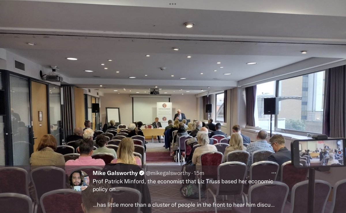 LordRennard's tweet photo. As #ConservativePartyconference suffers constant humiliation, the contrasting attendance between the @euromove rally with Heseltine &amp; Gauke and the event with Patrick Minford, a key economic adviser for Liz Truss and Kwasi Kwarteng tells a story. Thanks @mikegoldsworthy https://t.co/GglkTRKDIt