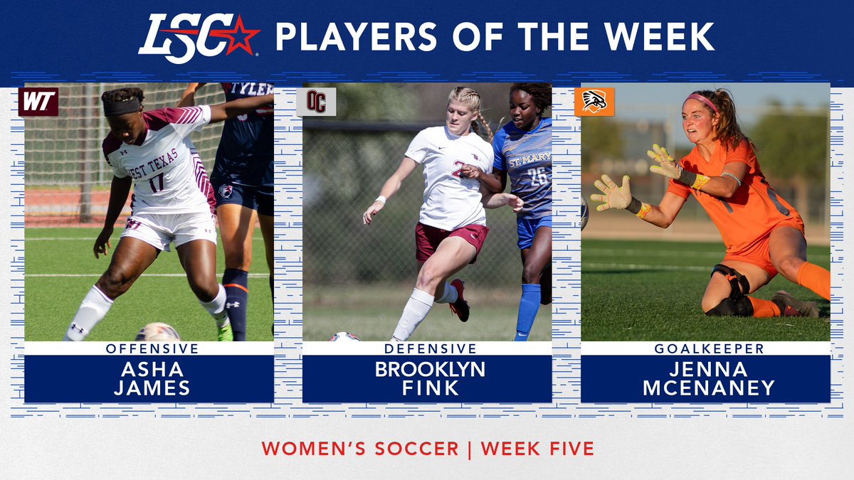 #LSCwsoc Players of the Week

Offensive: Asha James, @WTBuffNation (2)
Defensive: Brooklyn Fink, <a href="/OCEagles/">OC Eagles</a>
Goalkeeper: Jenna McEnaney, @UTPBfalcons

#D2WSOC

🔗 bit.ly/3URuDIJ