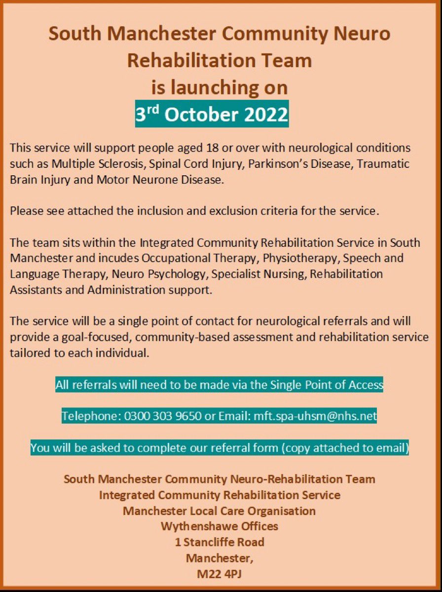 📢 🎉We are so pleased to announce that today we officially launch our new Community Neuro Rehab Team!! 📢 🎉

Referral process below 

<a href="/mcrlco/">Manchester Local Care Organisation</a> <a href="/MFT_CSSAHPs/">AHP's at MFT</a> <a href="/GM_AHP/">GM AHPs</a> <a href="/GMNISDN/">GM Neurorehab & Integrated Stroke Delivery Network</a> 

#community #CNRT #MDT #neuro