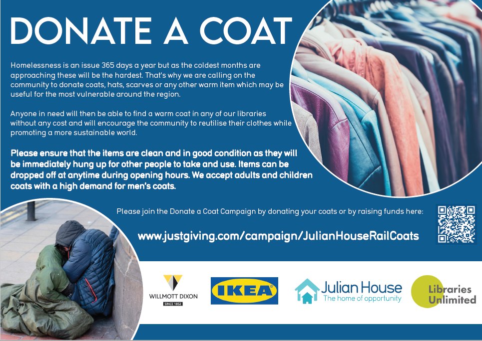 As the weather is getting colder, we will be reintroducing our 'Donate a Coat' Campaign in conjunction with Julian House. We are asking for donations of coats for our rail, which will then be given to someone who is in need this winter.#librariesunlimted #librariesforlife