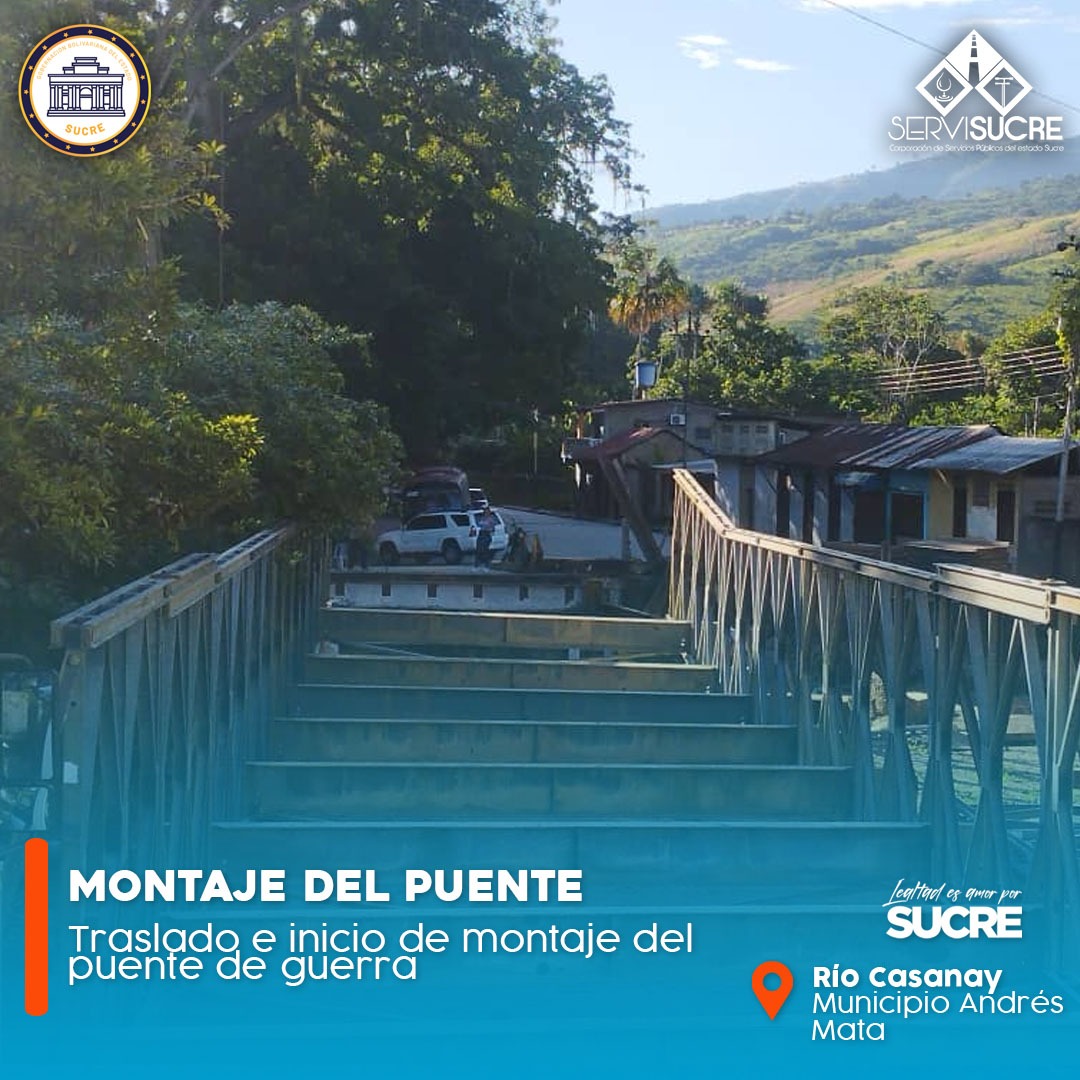 #Entérese 👷🏽 || Gracias a las gestiones del gobernador Almte. @GPintoVzla el equipo de SERVISUCRE conjuntamente a @Puentes_Cagua, iniciaron los trabajos de montaje del puente de guerra en Río Casanay, del municipio Andrés Mata.

<a href="/NicolasMaduro/">Nicolás Maduro</a>

#RegresoAClases