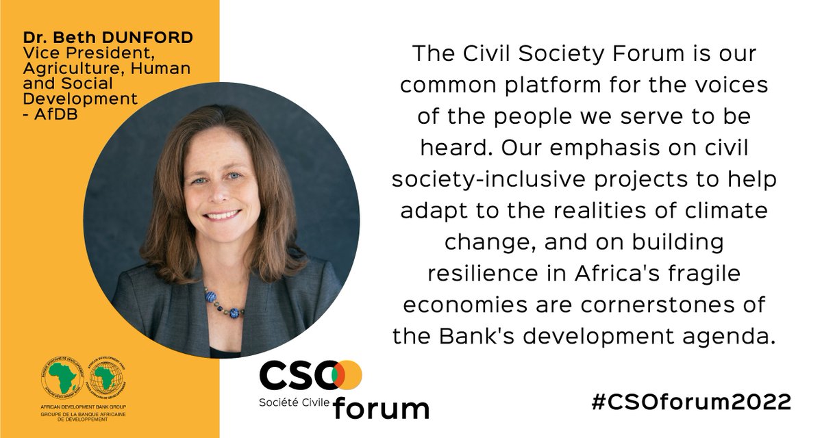 AfDB_Group's tweet photo. Join Dr. @beth_dunford, @afdb_group VP for Agriculture, Human and Social Development, and other experts for #CSOForum2022 to learn how African countries are turning #climate challenges into opportunities to create #greenjobs.

REGISTER: https://t.co/40Uqdt1Uyl #ClimateResilience https://t.co/M7sQb8z3jX
