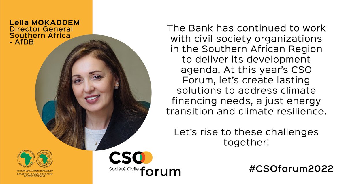 AfDB_Group's tweet photo. Join Dr. @beth_dunford, @afdb_group VP for Agriculture, Human and Social Development, and other experts for #CSOForum2022 to learn how African countries are turning #climate challenges into opportunities to create #greenjobs.

REGISTER: https://t.co/40Uqdt1Uyl #ClimateResilience https://t.co/M7sQb8z3jX