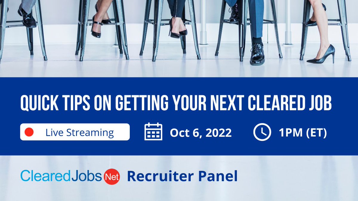 ClearedJobsNet's tweet photo. Hope to see you at our recruiter roundtable before the Oct 6 #ClearedJobFair - if you can't be there in-person, join us for the livestream at 1pm ET &amp; hear tips from recruiters w/ @lifeatibm  @GDElectricBoat &amp; TechFlow. Set a reminder to attend:  https://t.co/k8ZheJHz8g https://t.co/CbHNx9rDo8