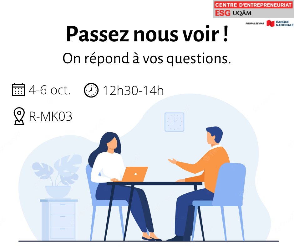 CE_ESG_UQAM's tweet photo. |Kiosque d'Information @CE_ESG_UQAM|
Tu veux connaitre le centre et ses activités? Tu veux lancer ton entreprise?

🙋‍♀️Passe nous voir, on t'attend!

📆4-6 octobre
⌚️12h30-14h
📍R-MK03 (Pavillon R, Niveau M, Kiosque 3)

#Entrepreneuriat #Entrepreneur #LancementEntreprise #Démarrage https://t.co/0TJvHJ0EtK