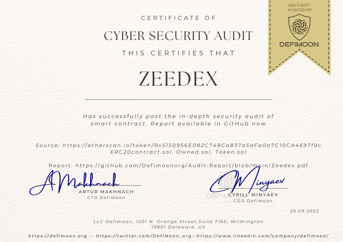 We've completed the audit of the token contract for <a href="/Zeedexio/">Zeedex</a> 

The audit report is ready and available here: github.com/Defimoonorg/Au…