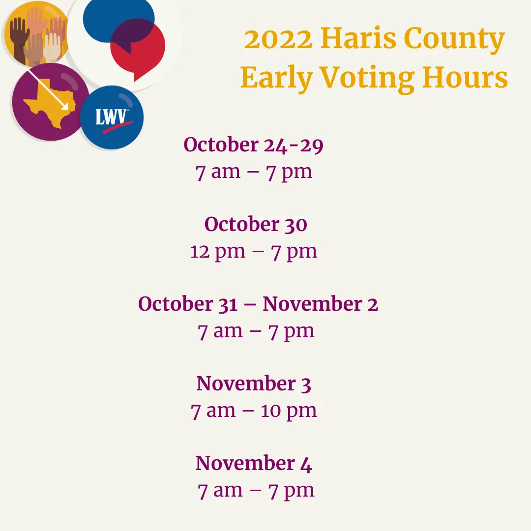 LWVHouston's tweet photo. Early Voting for the November 2022 election is almost here! That means it's time to make a plan to vote. https://t.co/65EtkcpWh3