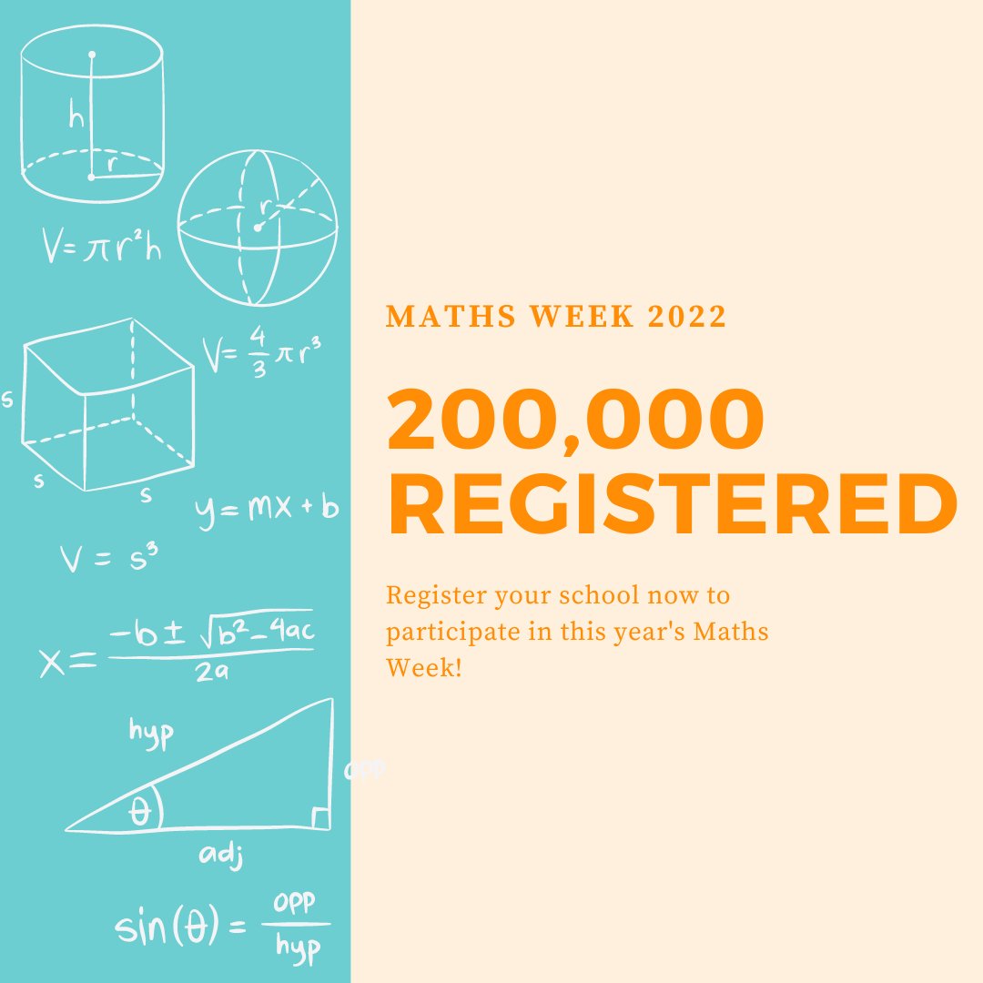 Over 200,000 People are now signed up to participate in Maths Week with even more people to come! Register now at the link in our bio to make sure you don't miss out on the events and activities planned for this year's Maths Week!
@scienceirel 
<a href="/waterfordit/">OConnellSchool</a>