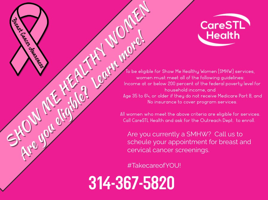 You may be eligible for the Show Me Healthy Women (SMHW)! Call 314-367-5820.  Ask for the Outreach Dept. #October #breastcancerawareness