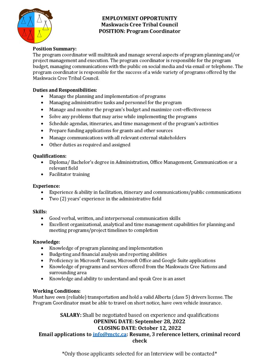 SamsonCree's tweet photo. @SamsonCree Job Opportunities: MCTC Program Coordinator position. https://t.co/gV6kRYG5hE