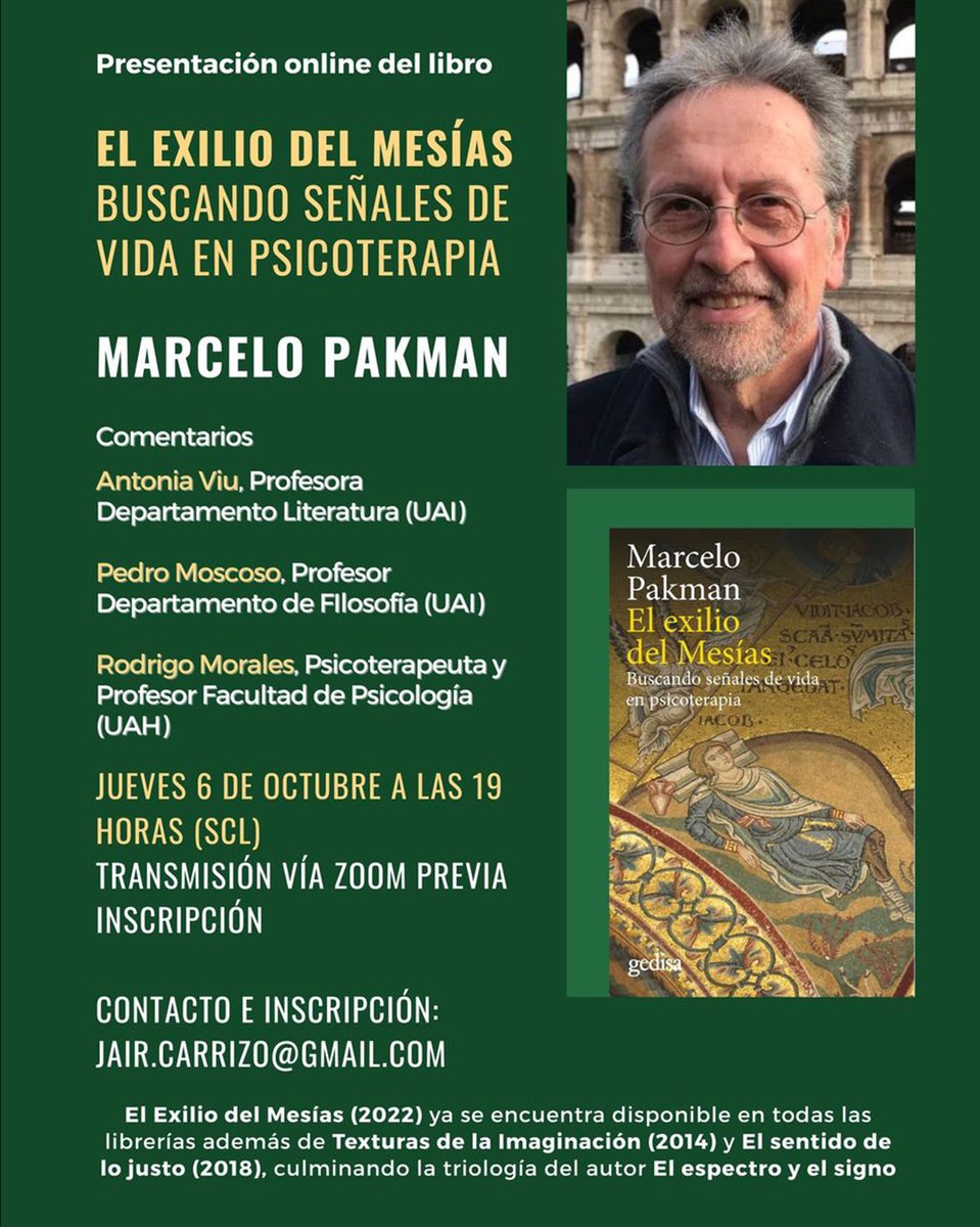 @Oceano_chile y @gedisaeditorial te invitan al lanzamiento del libro:

📚 “EL EXILIO DEL MESÍAS” del autor MARCELO PAKMAN

Inscripciones al correo, jair.carrizo@gmail.com