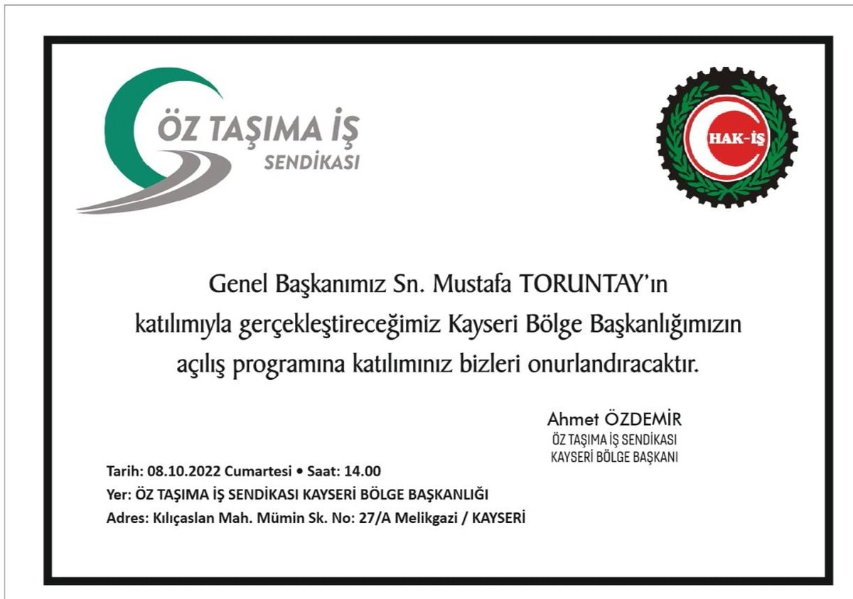OzKayseri's tweet photo. Değerli üyelerimiz,

Genel Başkanımız Sn. Mustafa TORUNTAY'ın katılımıyla gerçekleştireceğimiz Kayseri Bölge Başkanlığımızın açılış programında siz değerli üyelerimizi aramızda görmek bizleri onurlandıracaktır. https://t.co/VwRVecSBTh