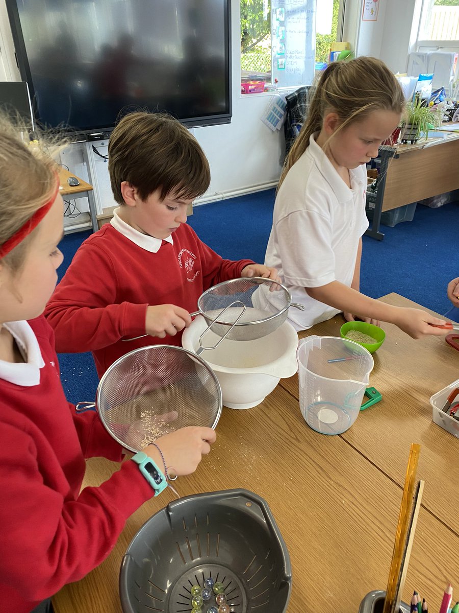As part of our STEM focus P4-7 created graded sieves to separate substances. In this example the sieves slotted together for simple storage! The children also had a go at separating different substances.