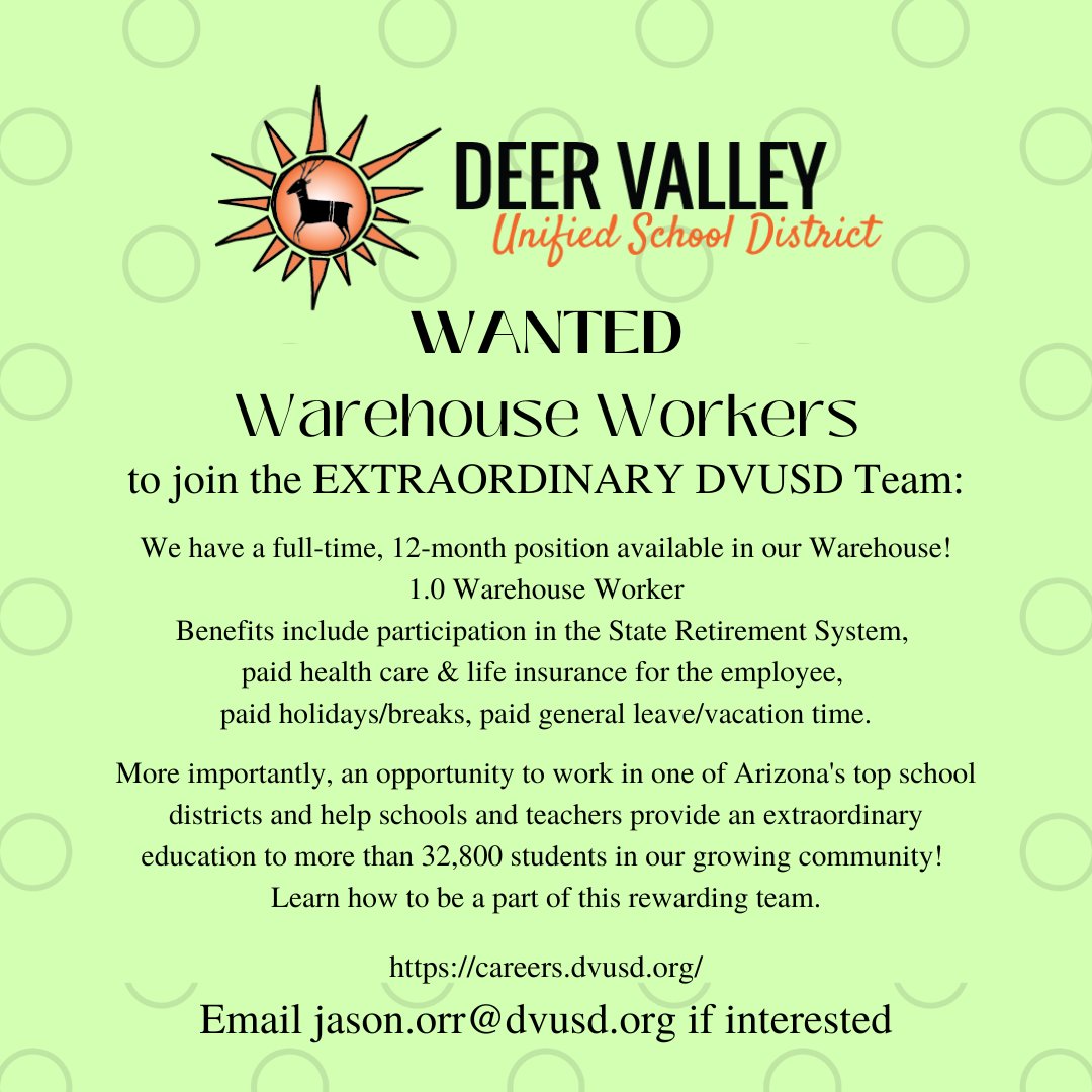 We need you! <a href="/DVUSD/">Deer Valley Unified School District</a> Accounts Payable &amp; Warehouse are hiring full-time positions! Excellent benefits, paid time off, &amp; the best teams to work with. Did we mention we're the top public school district to work for in the nation according to Forbes? #extraordinary