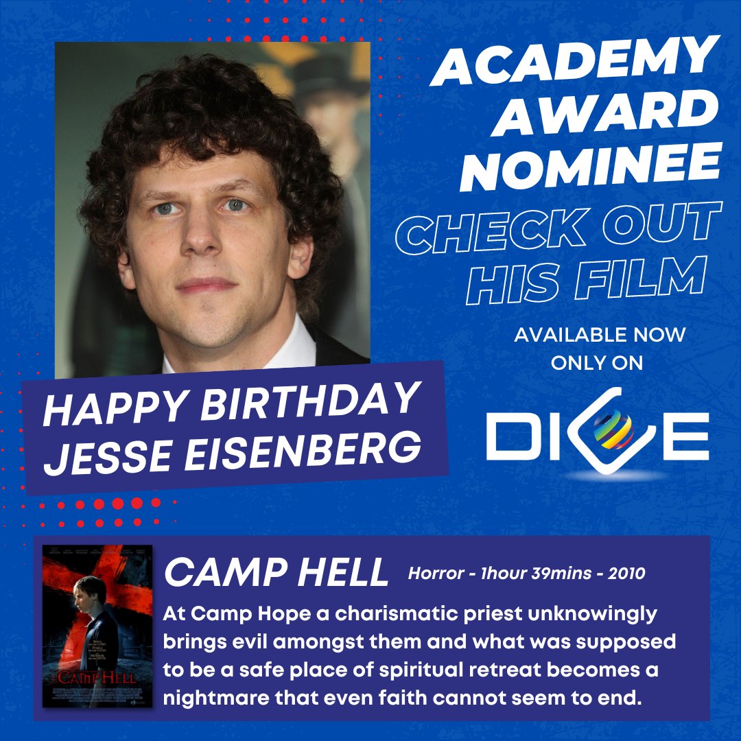 godiceverse's tweet image. It is Jesse Eisenberg's birthday today - known for his Academy Award nominated role as Mark Zuckerberg in the film The Social Network, he has been in many other films, including the horror movie Camp Hell, on DICE now!

#jesseeisenberg #camphell #horrormovie #horrorfans #movies