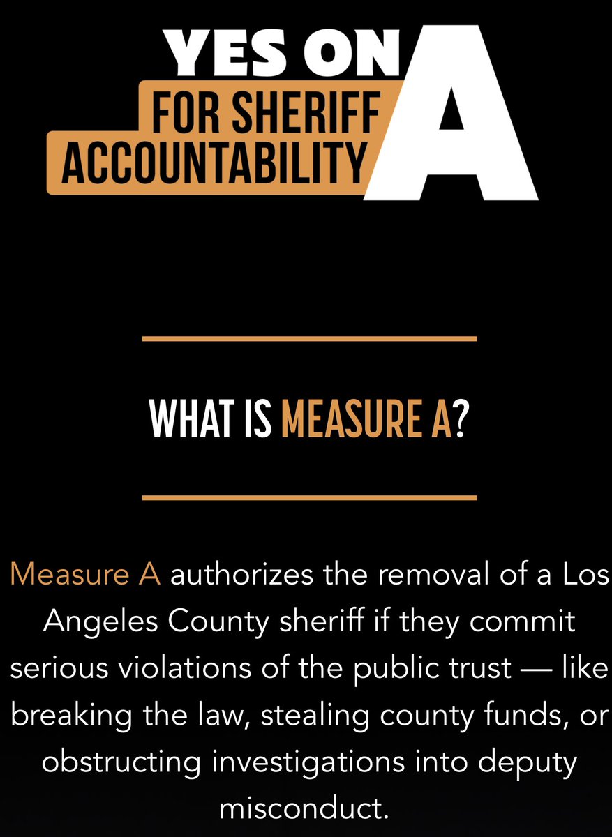 LOS ANGELES - WHAT IS MEASURE A? Measure A is a local ballot measure in LA that will be on the Nov. ballot. It’s long past time to create meaningful accountability for the office of the sheriff. Please follow @yesona_la & visit yesona.la #YesOnA MEASURE A THREAD: