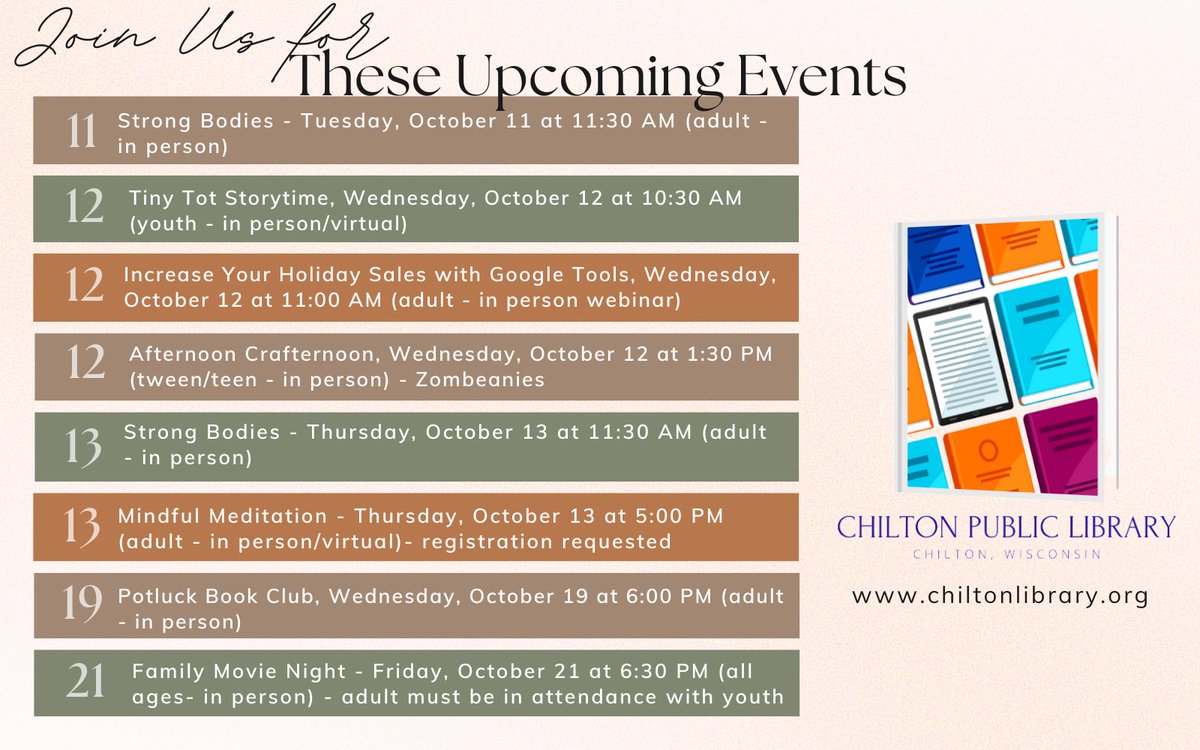 chilton_library's tweet photo. Check out these upcoming events at the Chilton Public Library.
#libraryprogram #chiltonpl #chiltonlibrary #libraryfitness #growwithgoogle #crafternoon #bookclub https://t.co/m72hcRcTTD