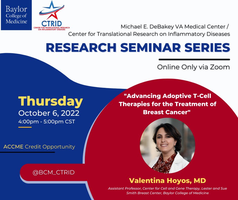 BCM_CTRID's tweet photo. It's #BreastCancerAwarenessMonth 🎀 &amp; in this week's #CTRID research #seminar Dr. Valentina Hoyos @tinahoyosv will discuss breast cancer #research, "Advancing Adoptive T-Cell Therapies for the Treatment of Breast Cancer"

This Thurs, 10/06 @ 4pm!

🎦info: https://t.co/BWSL8RV2Zr https://t.co/ZgQ72DruoT
