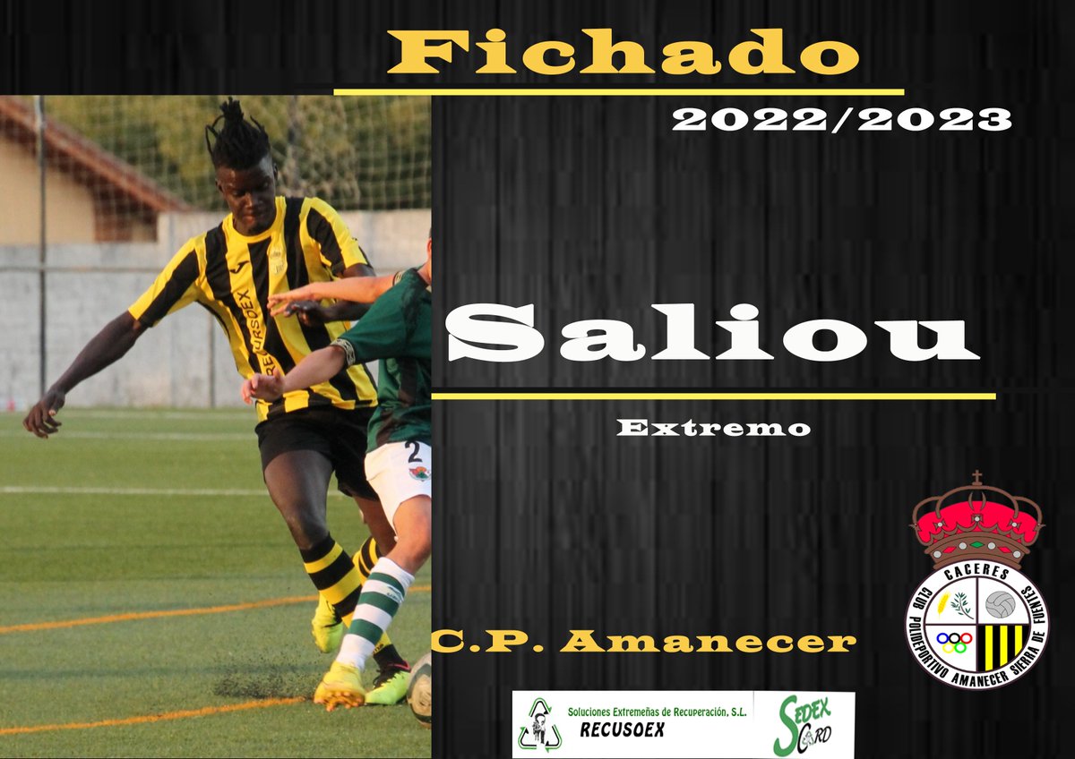 AmanecerCp's tweet photo. FICHAJE|
Aunque ya lleva tiempo jugando, se debe oficializar el fichaje de #Saliou. Jugador que ya jugo con nosotros se fue a jugar al Nervion. Pero vuelve para darlo todo en el conjunto #gualdinegro. Bienvenido de nuevo a tu casa Saliou💛🖤 https://t.co/NiQvSUvQvB