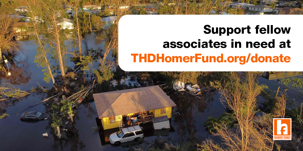 In times of need the #HomerFund is here to help. For those asking how to help fellow associates impacted by natural disasters like Hurricanes #Fiona & #Ian, visit THDHomerFund.org to learn how to make a donation. Every dollar donated goes directly to an associate in need.
