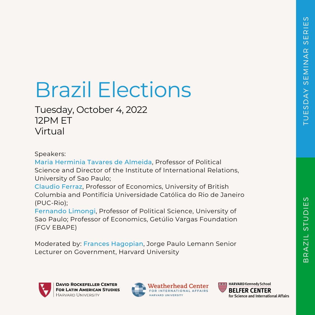 🇧🇷 10/04 @ 12PM ET: Join us for a virtual panel discussion on the Brazil Elections ➡️ Learn more + register loom.ly/Qb-2yRM @HarvardWCFIA @BelferCenter