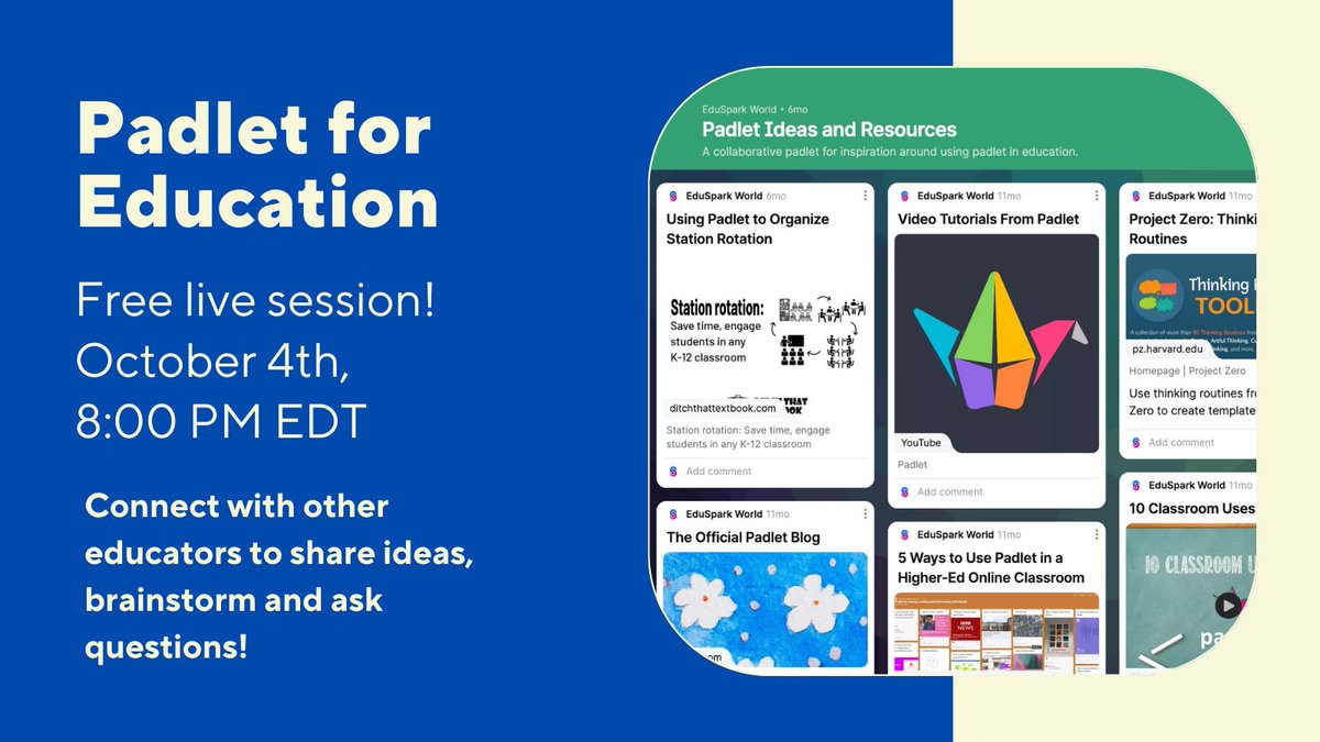 Very excited to be hosting a live session for my free Padlet for Education <a href="/EduSparkWorld/">EduSpark</a> course! The session is open to anyone who would like to share ideas and connect around using Padlet! Oct 4th, 8:00 PM EST, sign up to join: airtable.com/shrikx7oNgCcwx…