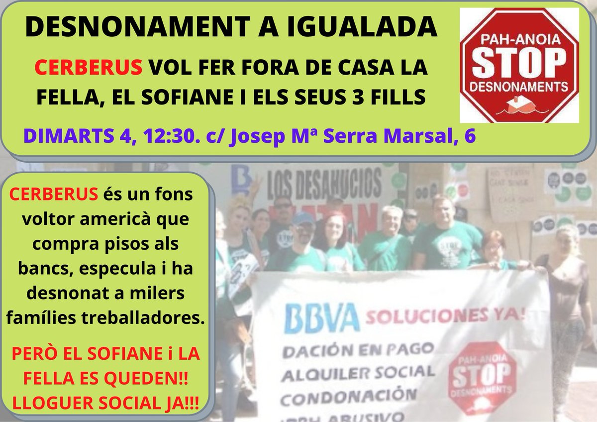 [🚨URGENT DESNONAMENT A IGUALADA🚨] En un dels tuits anteriors hi havia una errada: el desnonament és demà a les 12:30 (c/ Josep Maria Serra Marsal). Hem de ser moltes per parar els peus als voltors!