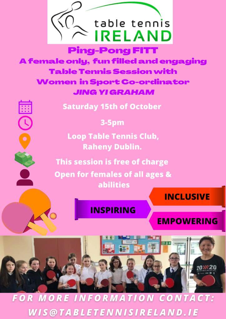 We are hosting a FREE women in sport session for all ages and abilities on Saturday the 15th of October from 3-5pm in Loop Table Tennis Club, Dublin 🏓 Come join us and female lead Co-Ordinator Jing Yi Graham, and take part in our fun PingPong FITT programme👏🏻 #WomenInSportIRE