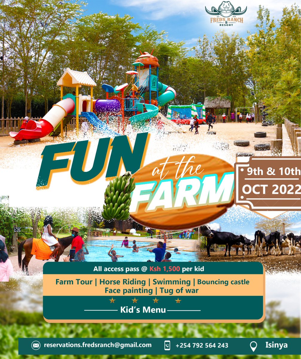 FredsRanch's tweet photo. Fun at the Farm🤗
Perfect destination for your kids to have a fun filled weekend out...get spoilt for choice for meals at the kids corner...
Let's hudumia you and your family this huduma weekend here at Fred's Ranch and Resort.
Book with us today on 0792564243 https://t.co/5lYlTkFgY5